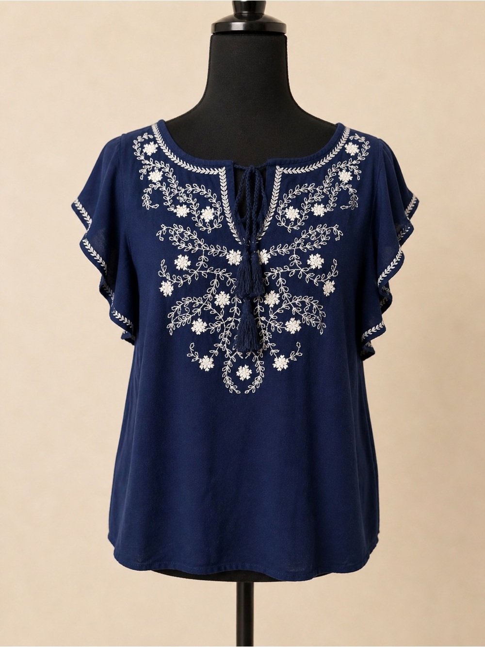 St. John’s Bay Navy Embroidered Boho Peasant Coastal Top Tassel Flutter Sleeve M - Picture 8 of 17